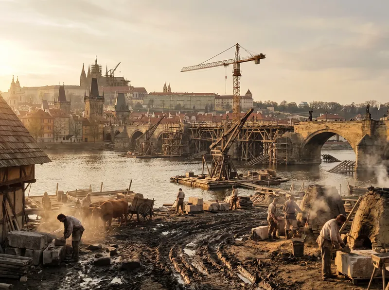Svět a grade: rozestavěný most na Vltavě v roce 1357.