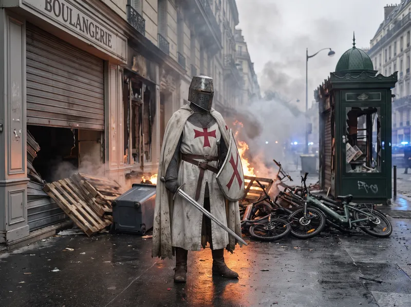 Hlavní templář v ulici. Sheet z kroku 1 šel do generace jako reference.